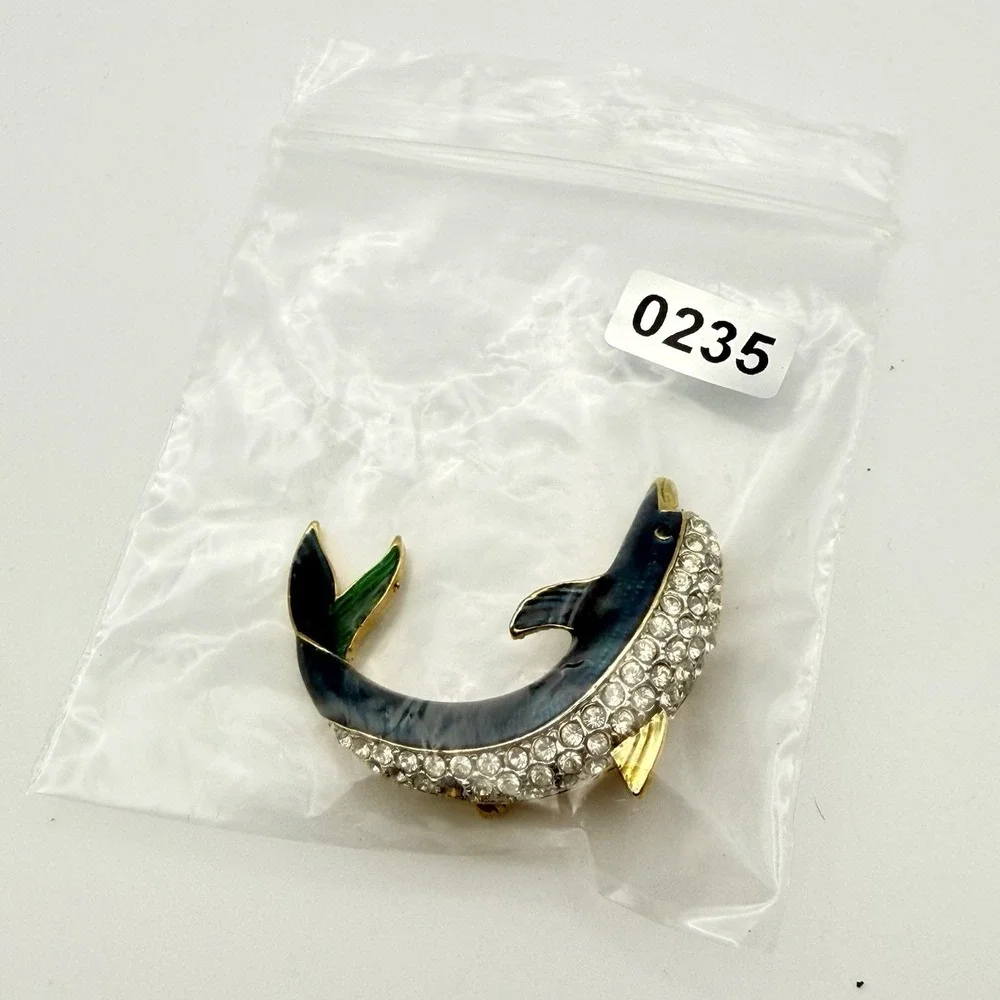 Signed DIS Vintage Dolphin Brooch Blue Green Enamel Rhinestone Gold Tone Pin